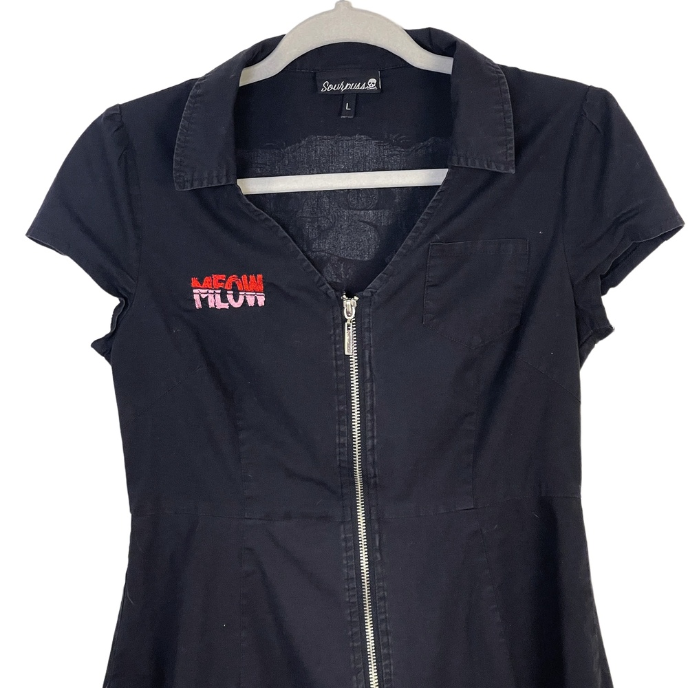 Sourpuss Clothing Y2K Black Cat Cap Sleeve Collared Zip Up Shirt Dress Large - Picture 9 of 12